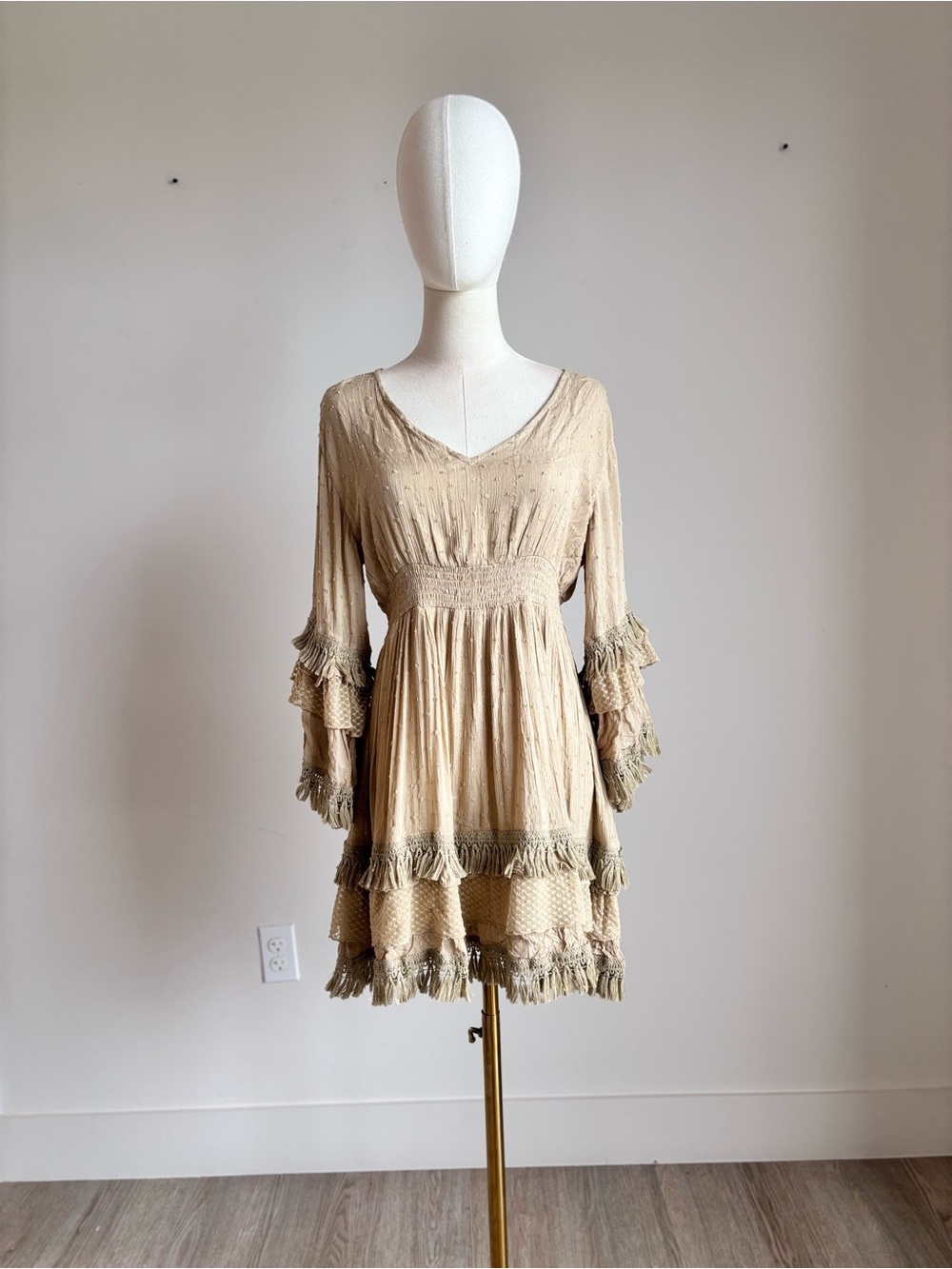 Zury Beige Gold Thread Fringed Boho Mini Dress Free Size Made in India